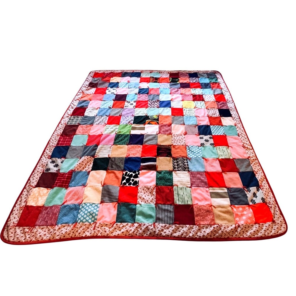 60S Handmade Tied Patchwork Quilt Multicolor HIPPY Reverse 87x73 Large Blanket